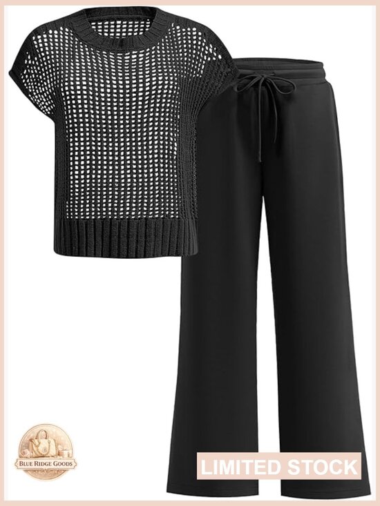Pants - Crochet Sheer Knit Sweater Top Wide Leg Pants Lounge Set Casual Elegant